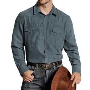 Cowboy Button Up Shirt Long Sleeve with Two Pockets Gray
